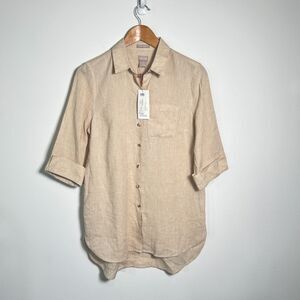 NWT Chicos No Iron Linen Blend Tunic Shirt Top Womens Size 0 Beige 3/4‎ Sleeve